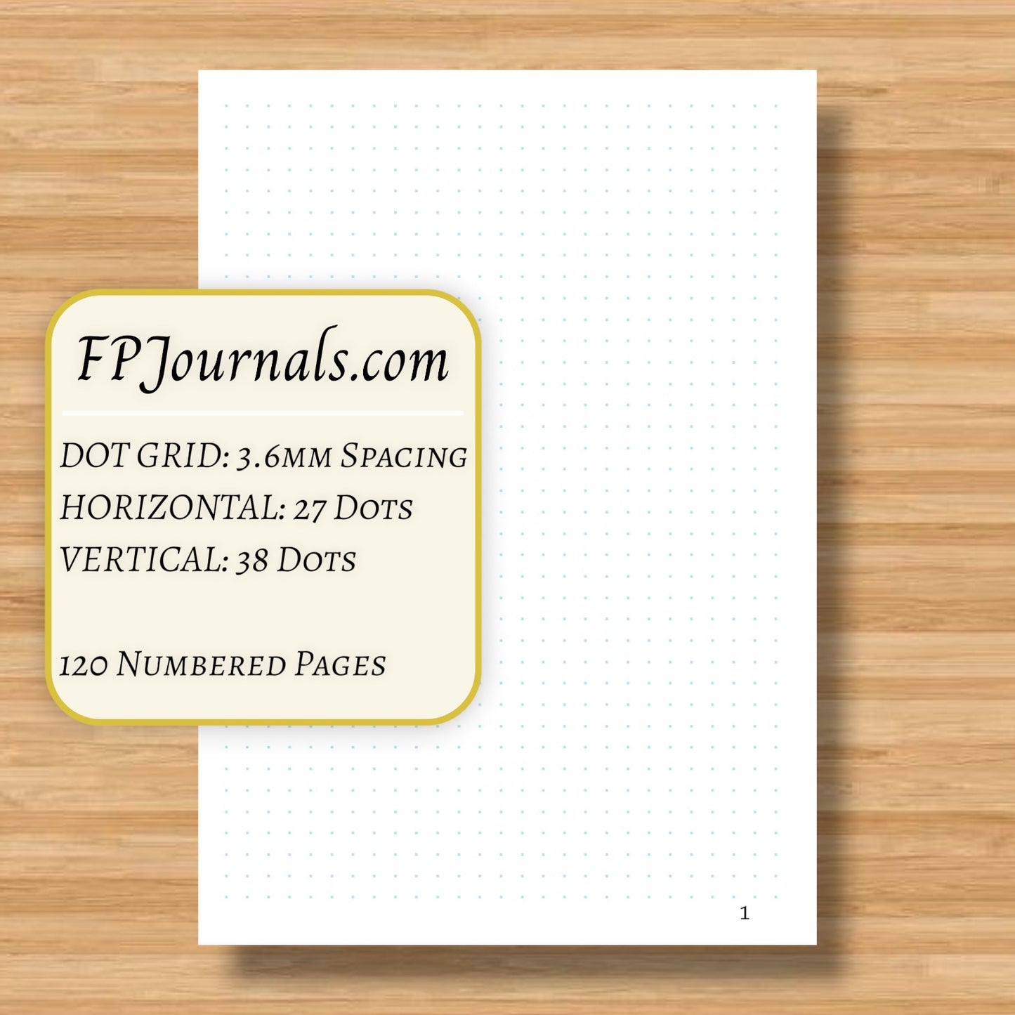 Page from Magenta Flair - A6 - Dot Grid - Coptic Bound - Fountain Pen Notebook - Handmade Journal showing numbered dot grid layout with 3.6mm spacing on wooden surface with information about dot count and pages.