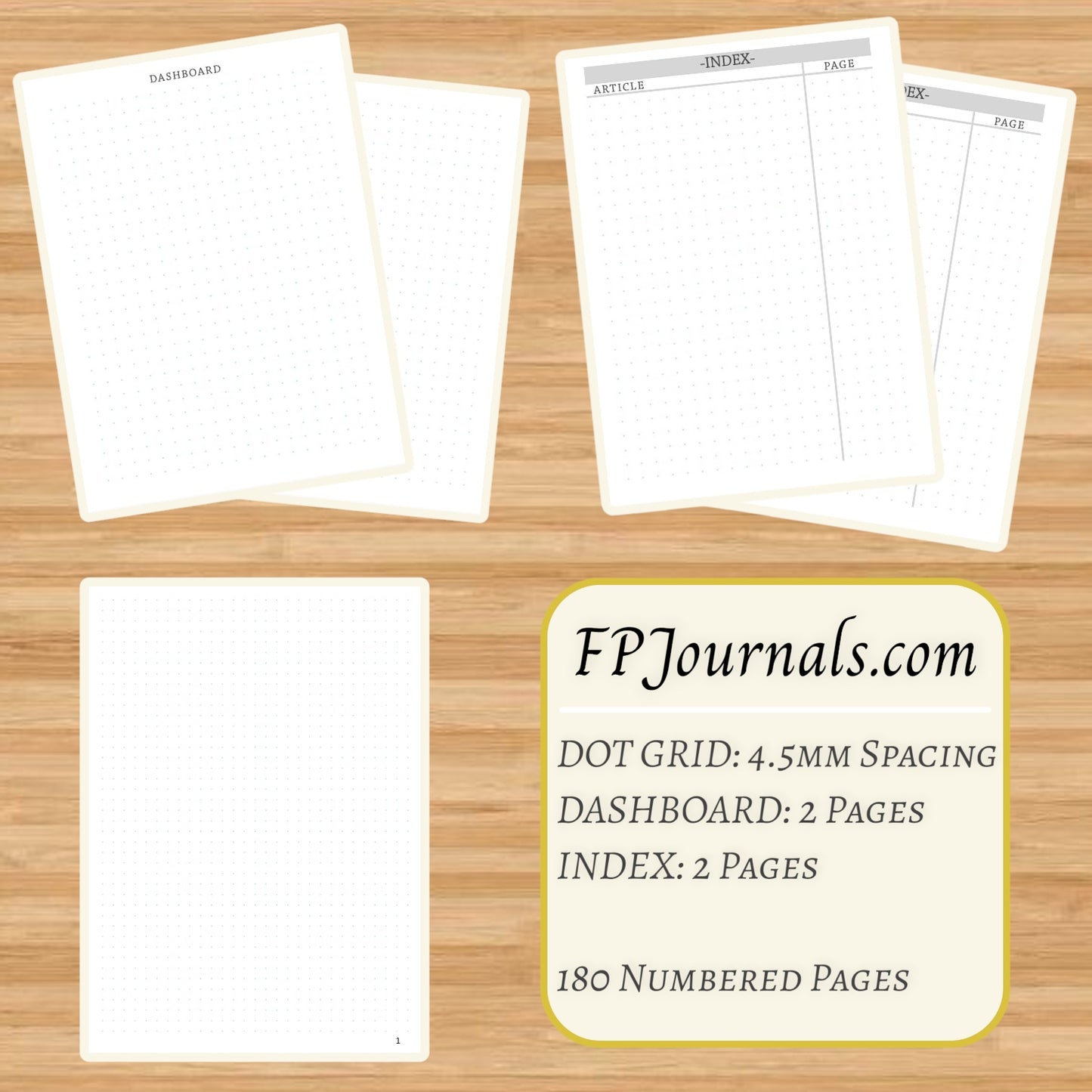Pages from Vintage Type - A5 - Dot Grid - Coptic Bound - Fountain Pen Notebook - Handmade Journal showing dot grid layout, dashboard, index pages, and page numbering on wooden surface.