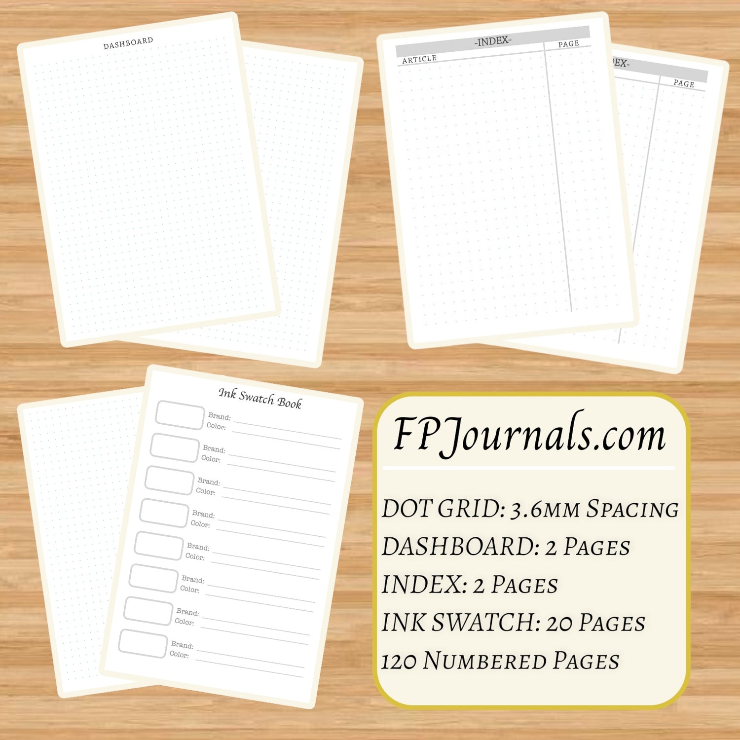 Open layout pages of the Magenta Flair - A6 - Dot Grid - Coptic Bound - Fountain Pen Notebook - Handmade Journal showing dot grid, dashboard, index, and ink swatch sheets with 120 numbered pages designed for fountain pen use.