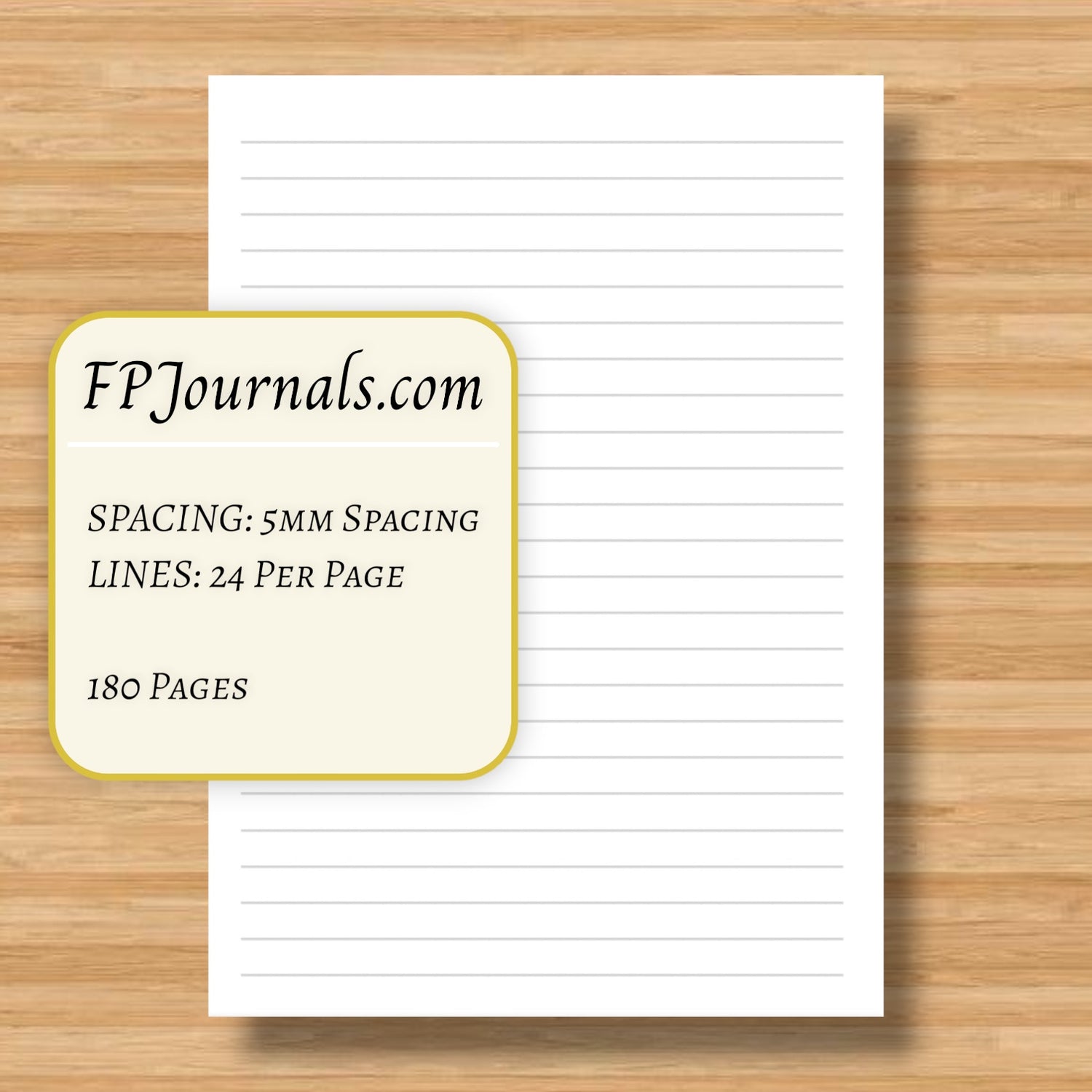 White lined notebook pages showing 5mm spacing with 24 lines per page, presented with a wooden background; for the Purple Green Plaid - A6 - Lined - Coptic Bound - Fountain Pen Notebook - Handmade Journal.