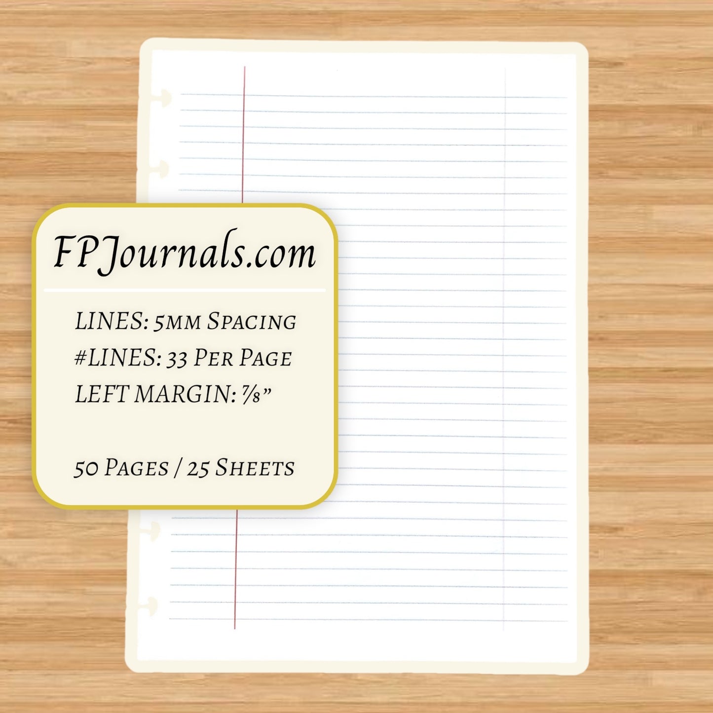 Composition Lined Discbound Notebook Insert - A5 Junior - Lined - Fountain Pen Friendly Paper showing ruled pages with 5mm spacing, 33 lines per page, 7/8 inch left margin, suitable for discbound notebooks.