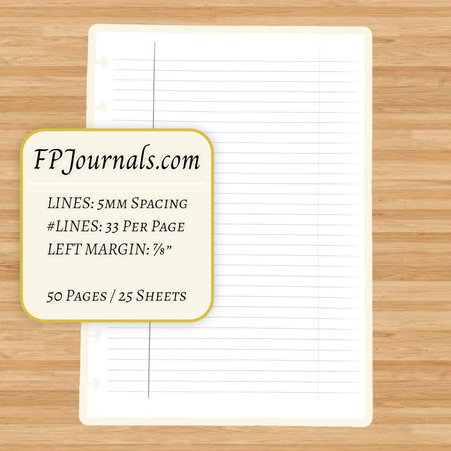 Composition Lined Discbound Notebook Insert - A5 Junior - Lined - Fountain Pen Friendly Paper showing ruled pages with 5mm spacing, 33 lines per page, 7/8 inch left margin, suitable for discbound notebooks.