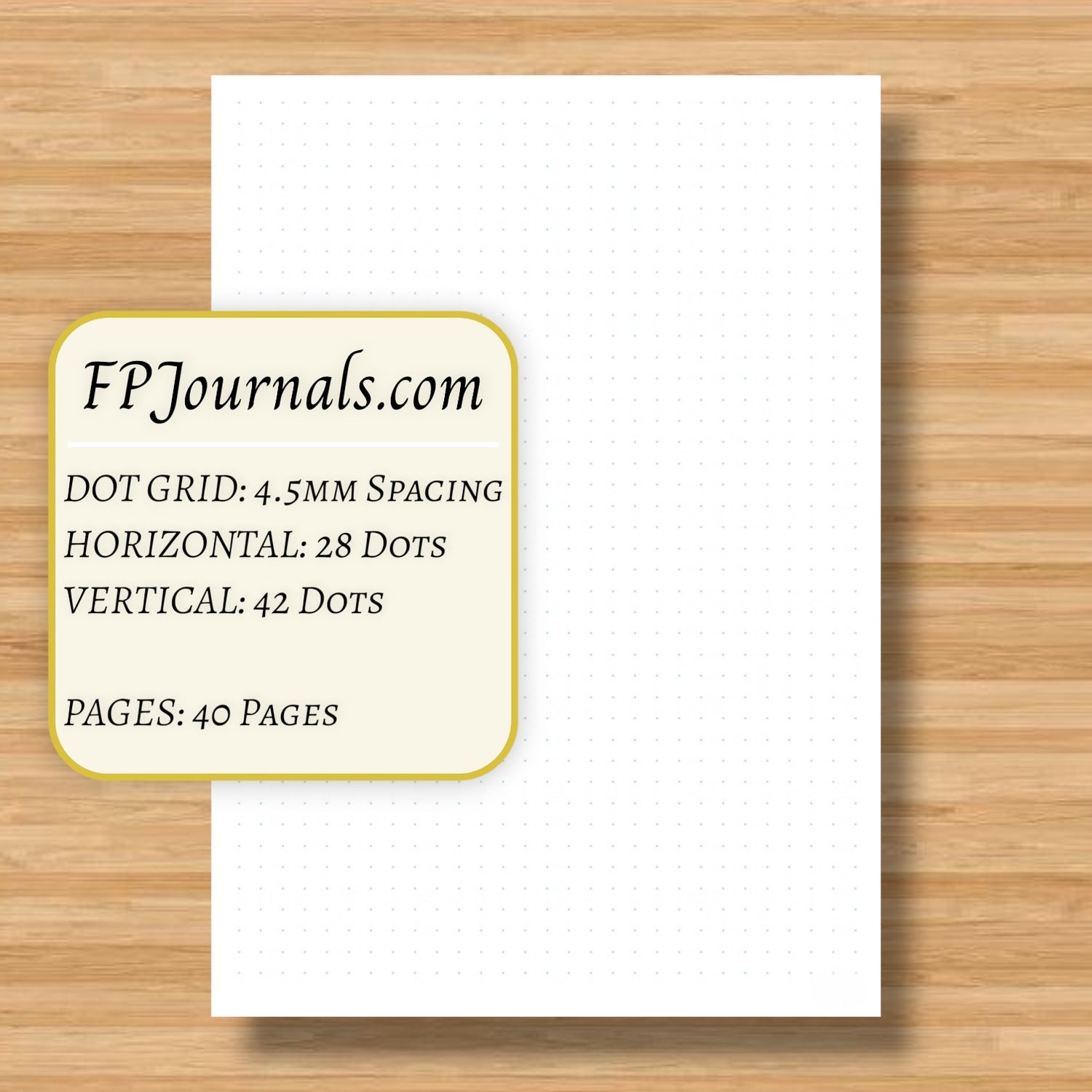 A5 Dot Grid Travelers Notebook Insert – Fountain Pen Friendly, Hand-Stitched Kraft Cover showing a white dot grid page with 4.5mm spacing, placed on a wooden surface.