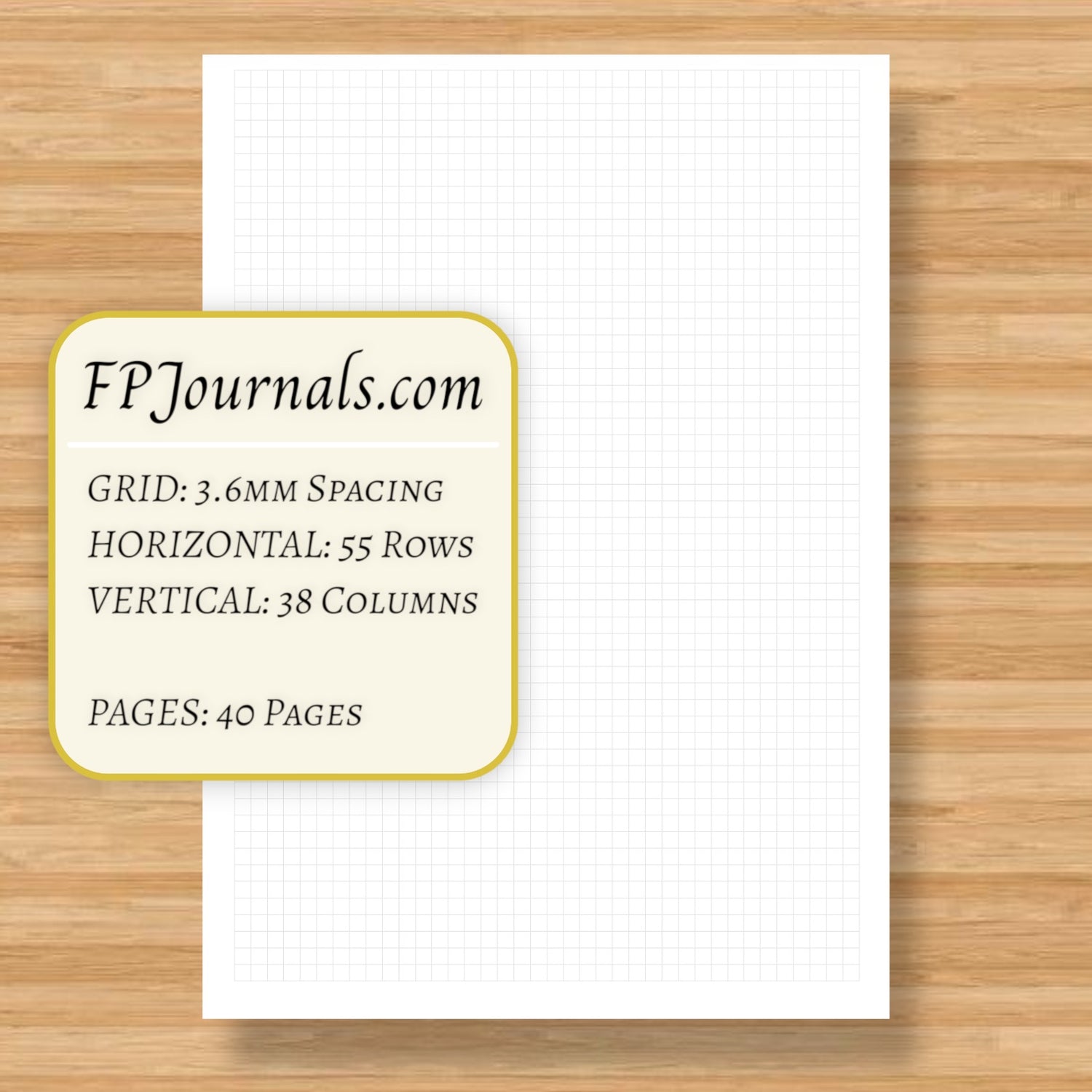 A close-up of the A5 Graph Travelers Notebook Insert – Fountain Pen Friendly, Hand-Stitched Kraft Cover showing 3.6mm spaced grid paper with 55 horizontal rows and 38 vertical columns on 40 pages.