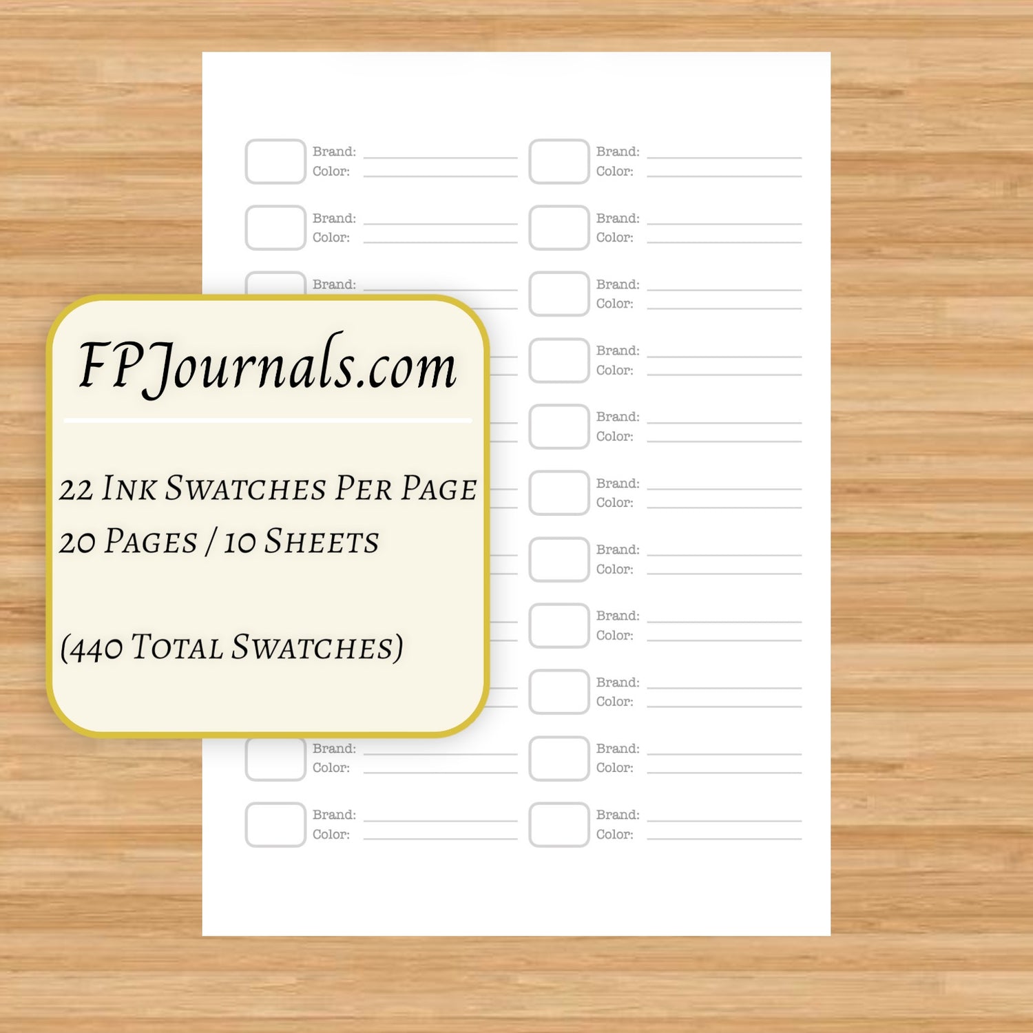 Blank ink swatch page with labeled boxes for brand and color details, displayed on a wooden surface, ideal for the A5 Ink Swatch Book Kraft Travelers Notebook Insert - Ink Log - Fountain Pen Friendly Notebook - Hand-Stitched Binding.