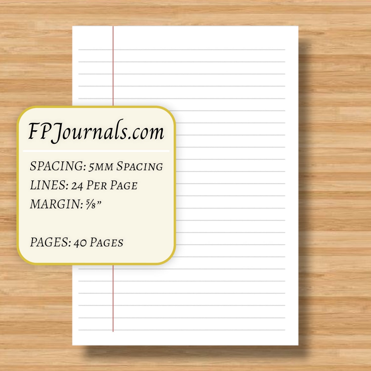 A sheet of lined paper with 5mm spacing, 24 lines per page, and 5/8 inch margin, designed for the A6 Composition Lined Travelers Notebook Insert - Fountain Pen Friendly, Hand-Stitched Kraft Cover.