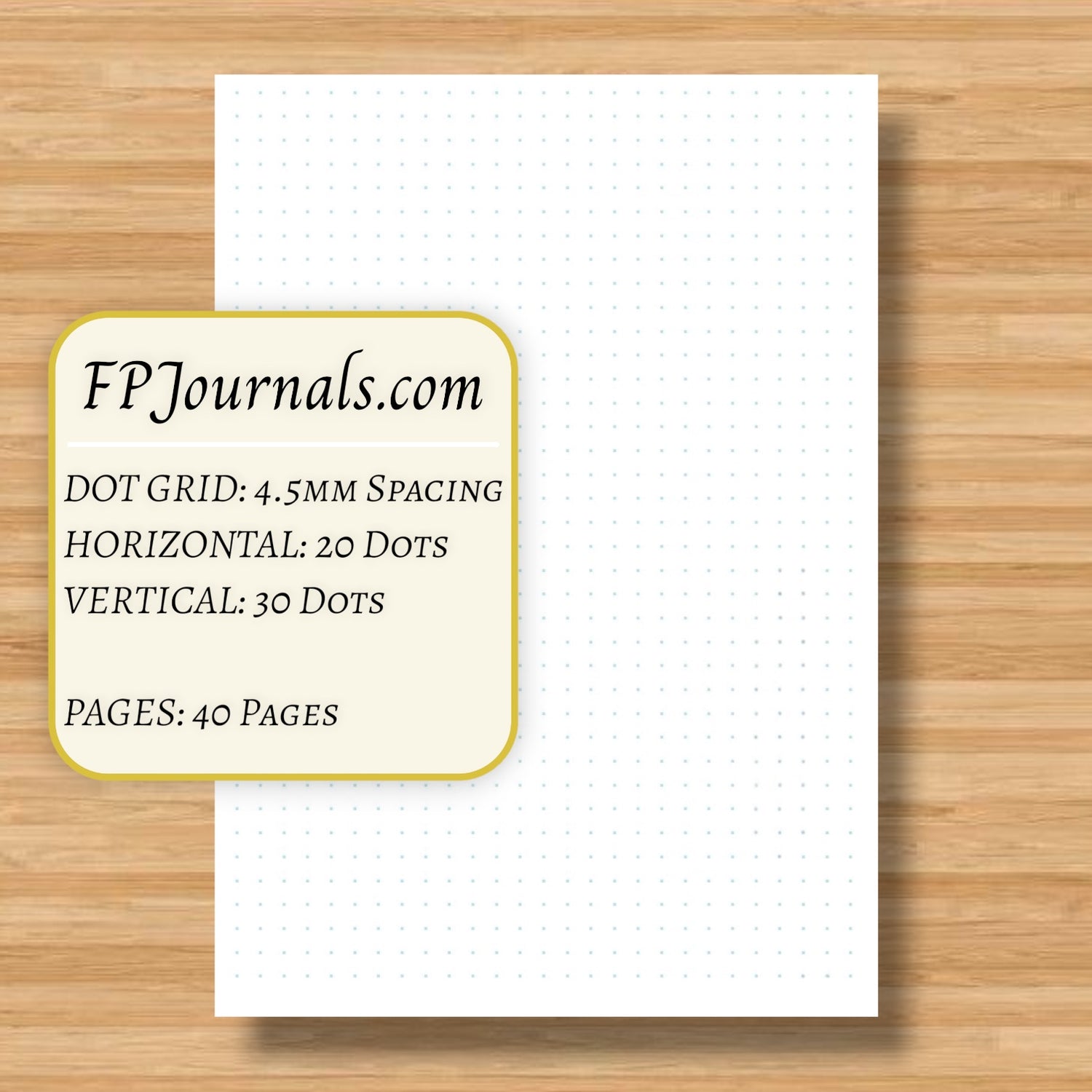 A6 Dot Grid Travelers Notebook Insert - Fountain Pen Friendly, Hand-Stitched Kraft Cover showing a dot grid page with 4.5mm spacing, 40 pages, suitable for bullet journaling and planning.