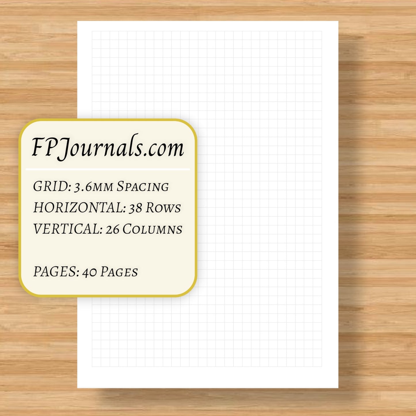 A6 Graph Travelers Notebook Insert - Fountain Pen Friendly, Hand-Stitched Kraft Cover featuring 3.6mm grid spacing with 38 horizontal rows and 26 vertical columns on 40 pages.