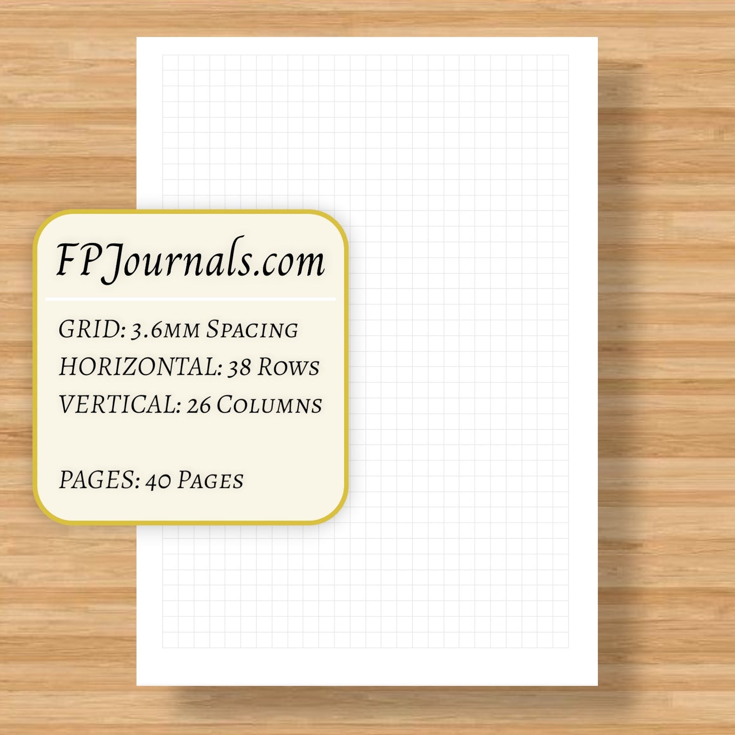 A6 Graph Travelers Notebook Insert - Fountain Pen Friendly, Hand-Stitched Kraft Cover featuring 3.6mm grid spacing with 38 horizontal rows and 26 vertical columns on 40 pages.