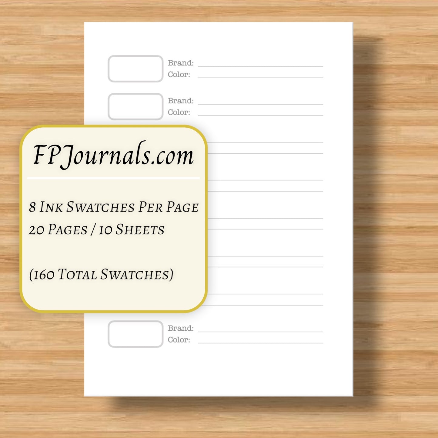 A blank ink log page designed for recording brand and color of ink swatches, part of the A6 Ink Swatch Book - Ink Log - Travelers Notebook Insert - Fountain Pen Friendly, Hand-Stitched Kraft Cover.