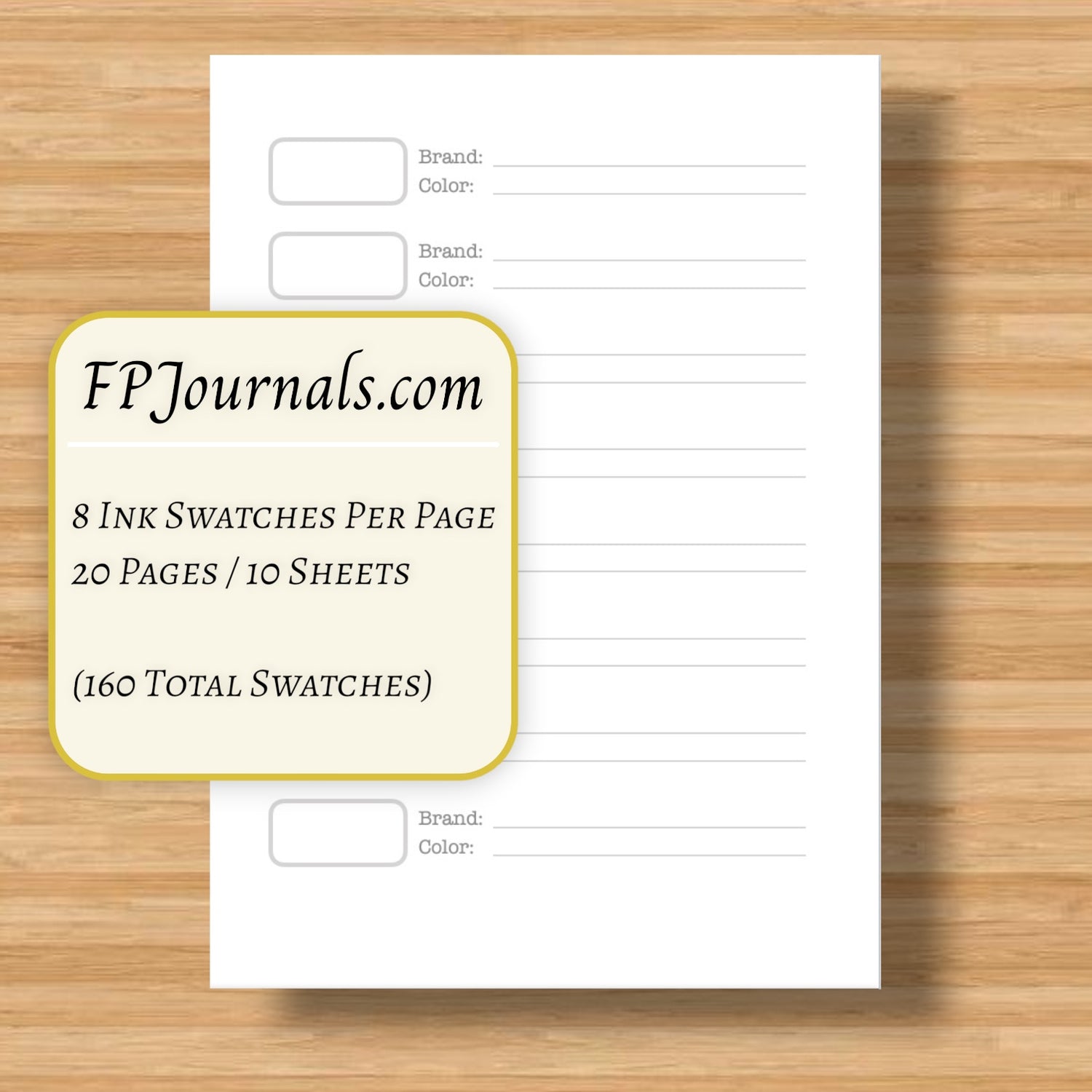 A blank ink log page designed for recording brand and color of ink swatches, part of the A6 Ink Swatch Book - Ink Log - Travelers Notebook Insert - Fountain Pen Friendly, Hand-Stitched Kraft Cover.