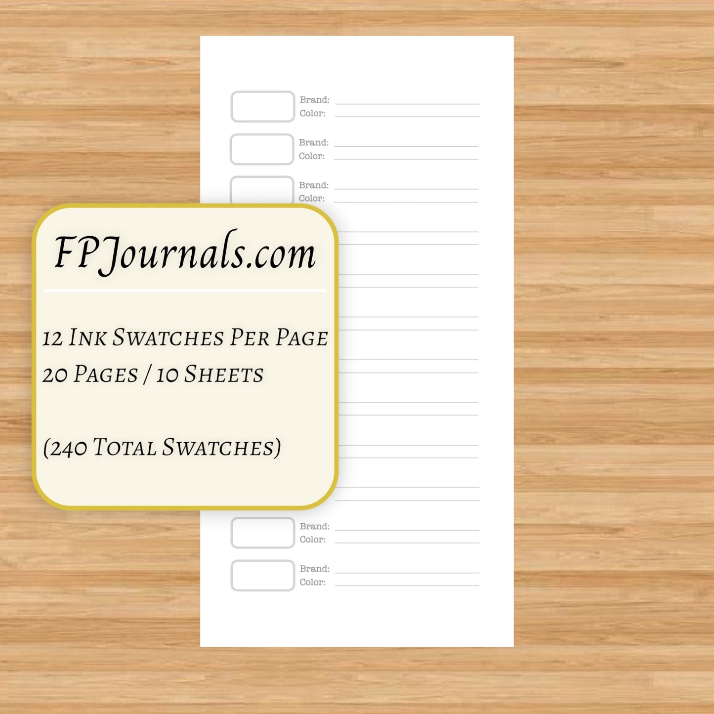 Page from a Standard Ink Swatch Book Kraft Travelers Notebook Insert - Standard TN - Ink Log - Fountain Pen Friendly Notebook - Hand-Stitched Binding showing multiple ink swatch boxes with spaces for brand and color information on a wooden surface.