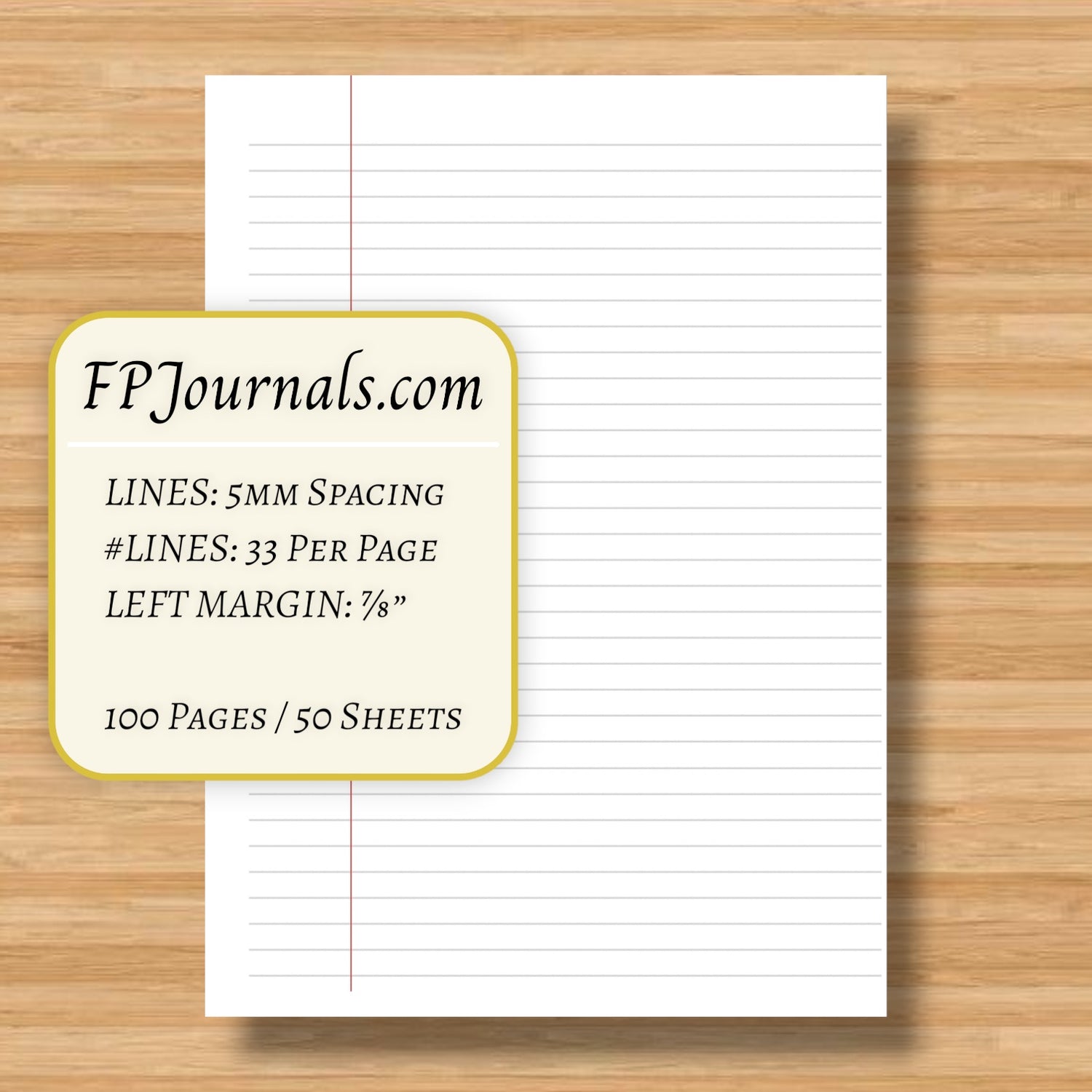 Page layout detail showing 5mm lined paper with 33 lines per page and a 7/8 inch left margin for the Marble Composition Book - A5 - Lined - Spiral Bound - Handmade Fountain Pen Notebook.