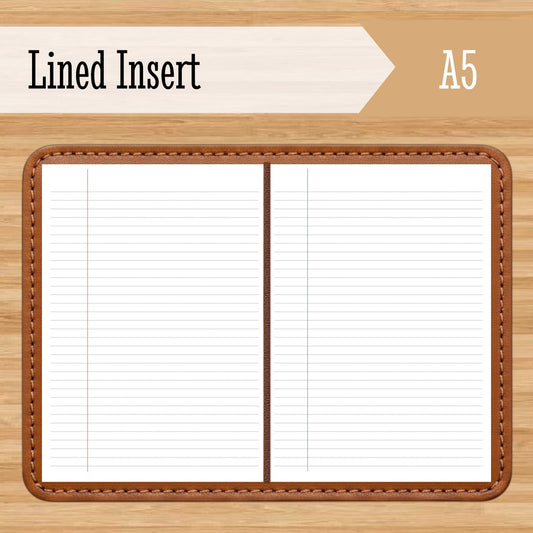 A5 Composition Lined Travelers Notebook Insert – Fountain Pen Friendly, Hand-Stitched Kraft Cover showing open lined notebook pages with red margin lines and stitched brown kraft cover.