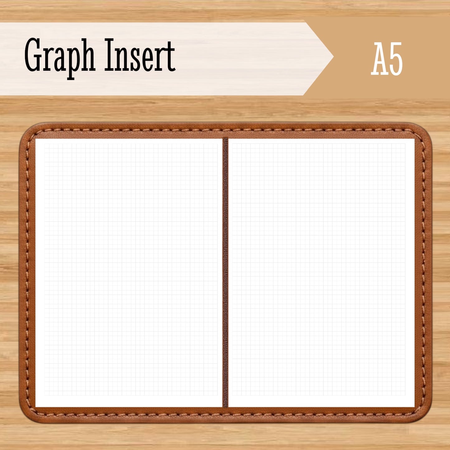 Open A5 Graph Travelers Notebook Insert – Fountain Pen Friendly, Hand-Stitched Kraft Cover showing grid paper with fine graph lines and stitched brown leather edges on wooden background.