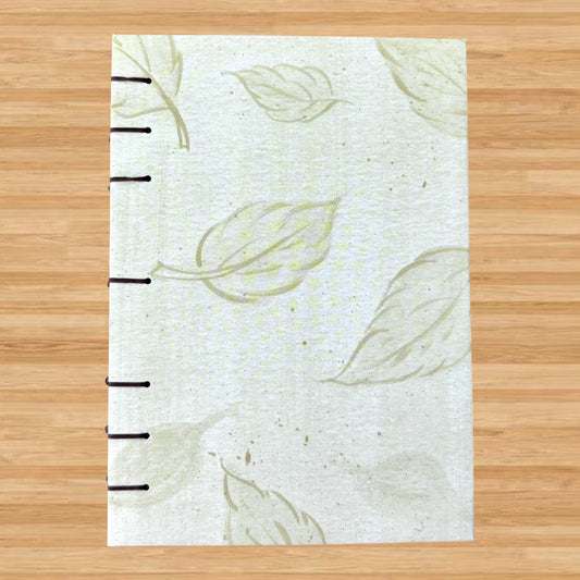 Green Birch Tree - A6 - Dot Grid - Coptic Bound - Fountain Pen Notebook - Handmade Journal with pale green leaf patterned cover and exposed stitched binding