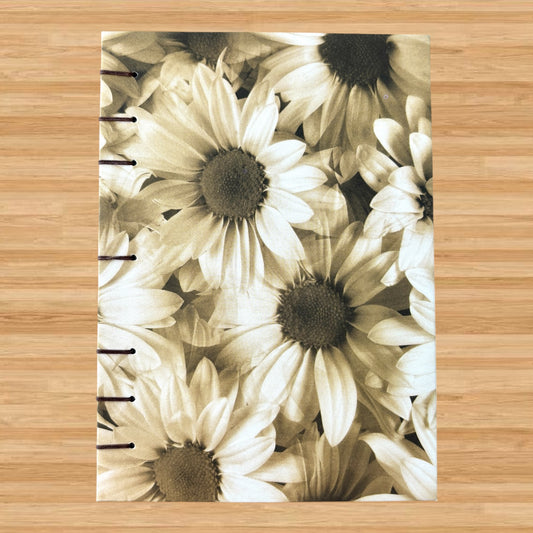 Yellow Sunflower - A6 - Dot Grid - Coptic Bound - Fountain Pen Notebook - Handmade Journal with sepia sunflower cover and visible hand stitching