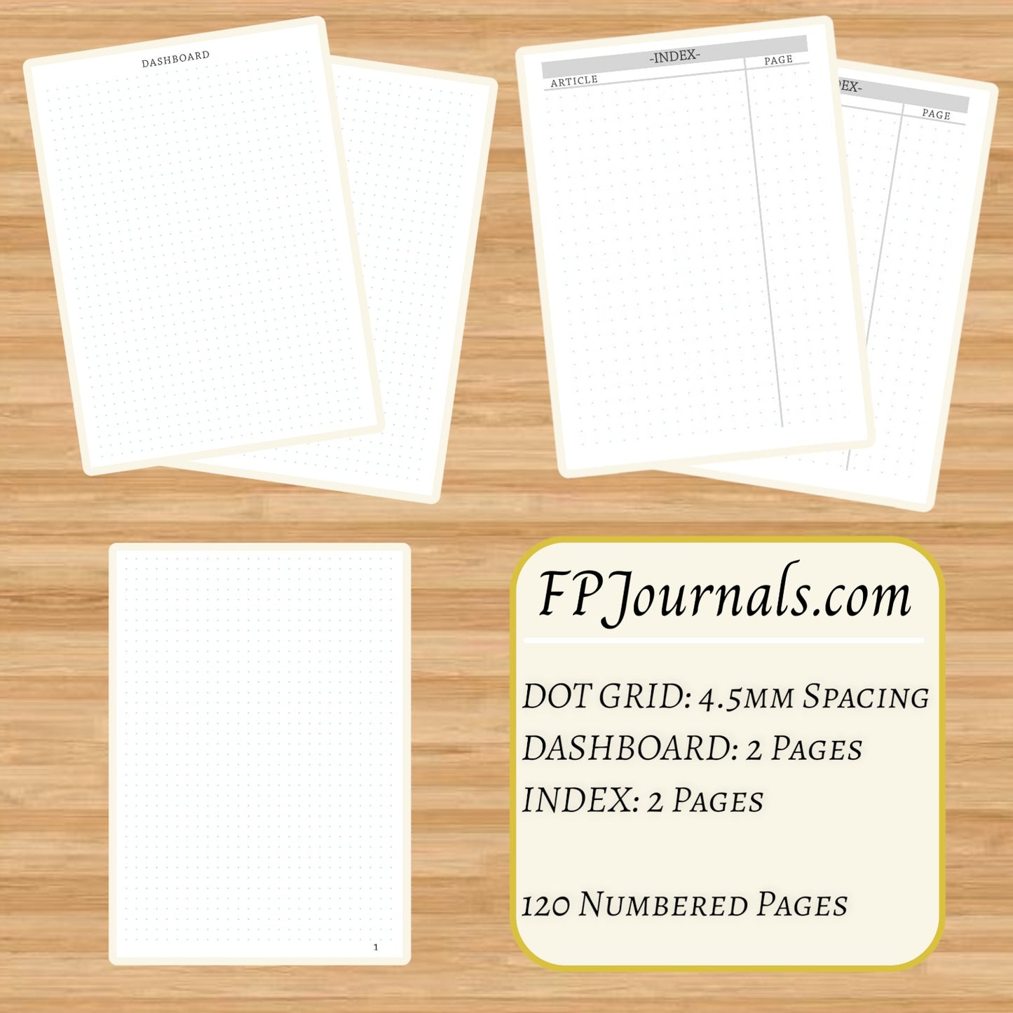 Pages of the Thrift - A6 - Dot Grid - Coptic Bound - Fountain Pen Notebook - Handmade Journal showing dot grid layout with 4.5mm spacing, dashboard and index pages, totaling 120 numbered sheets